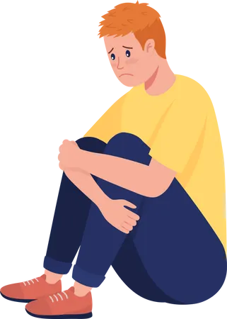 Sad Teenage Boy Semi Flat Color Vector Character Sitting Figure Full Body Person On White Mental Health Isolated Modern Cartoon Style Illustration For Graphic Design And Animation Illustration