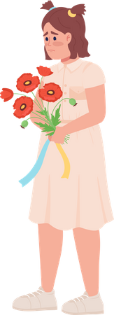Sad Ukrainian child with bouquet  Illustration