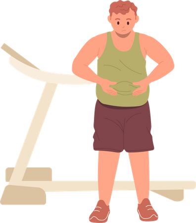 Sad unhappy fat man having excess weight touching his obese belly standing over treadmill machine  Illustration