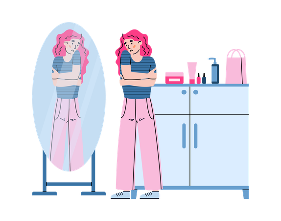 Sad unhappy woman in front of mirror  Illustration