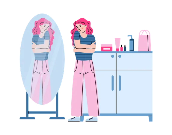 Sad unhappy woman in front of mirror  Illustration