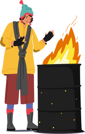 Sad Woman Beggar Warming Hands on Fire Burning in Metal Barrel  Illustration