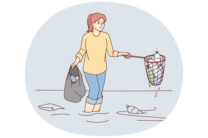 Sad woman cleans ocean of plastic garbage by pulling out bottles using scoop-net  Illustration
