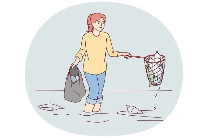 Sad woman cleans ocean of plastic garbage by pulling out bottles using scoop-net  Illustration
