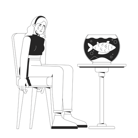 Sad woman crying beside fishbowl with dead fish  Illustration