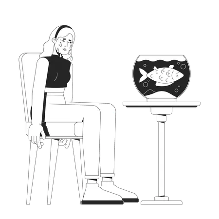 Sad woman crying beside fishbowl with dead fish  Illustration