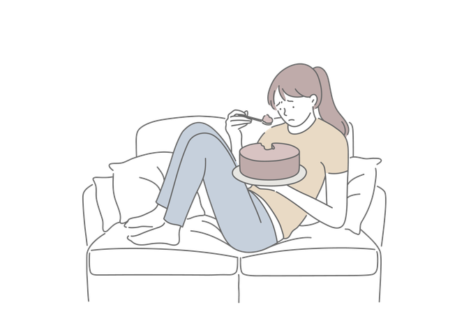 Sad woman eating cake  イラスト