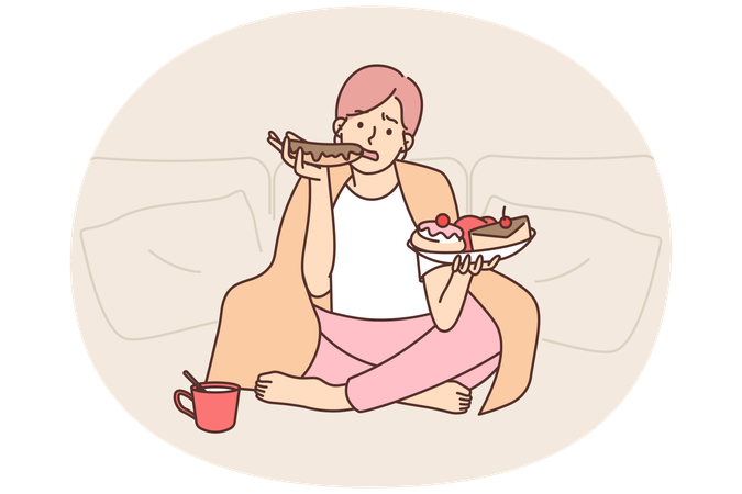 Sad woman eats lot of sweet high-calorie food wanting to get rid of stress after failed relationship  Illustration