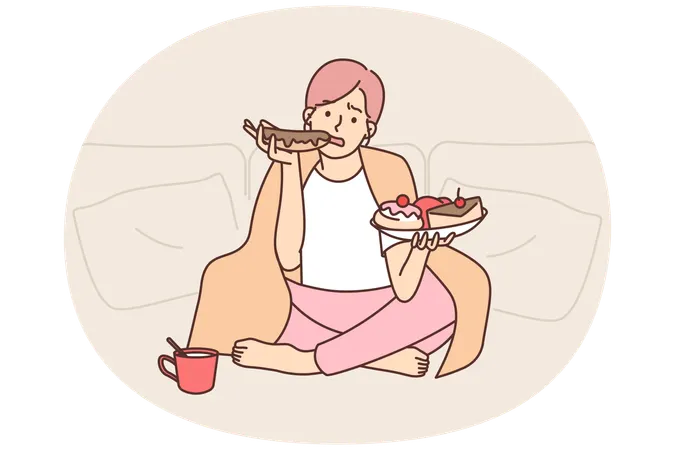 Sad woman eats lot of sweet high-calorie food wanting to get rid of stress after failed relationship  Illustration