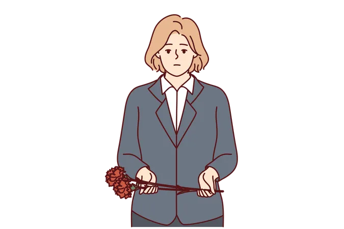 Sad Woman With Carnations For Funeral Ceremony Expresses Condolences After Death Of Friend Or Colleague Girl Came To Funeral Ceremony With Flowers To See Deceased On Last Journey Illustration