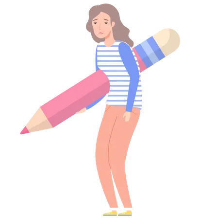 Sad Woman Holding Big Pencil Writer Bloggers Journalists Interviewer Screenwriter Copywriter Author Draftsman Concept Girl Gets Up About Some Event With Her Bent Back And Pencil In Hand Illustration