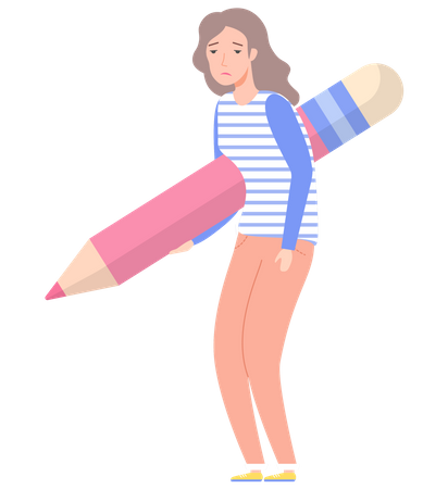 Sad woman holding big pencil  Illustration