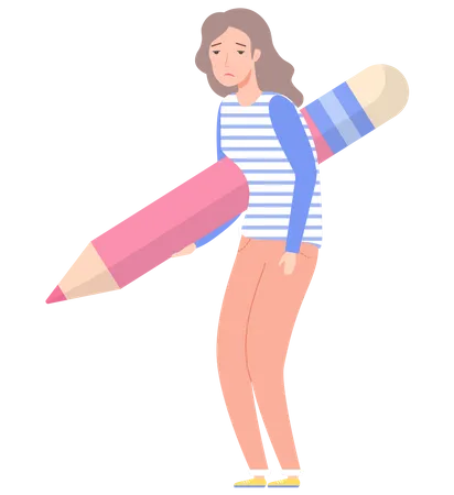 Sad woman holding big pencil  Illustration