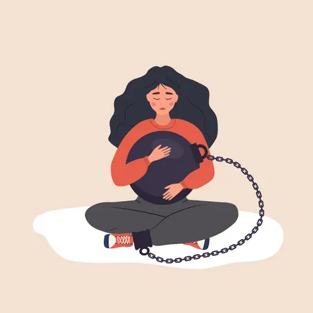 Sad woman hugging heavy wrecking ball and feeling guilty  Illustration