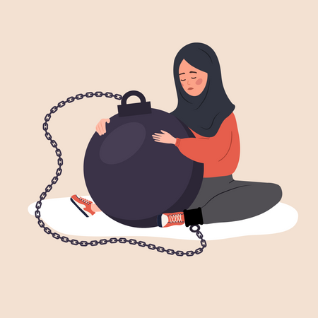 Sad woman hugging wrecking ball and feeling guilty  Illustration