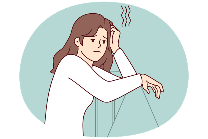 Sad woman leans on railing and looks into distance after quarrel with boyfriend  Illustration