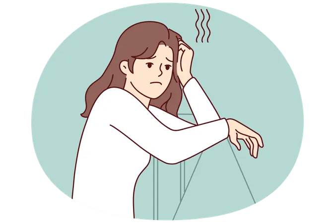 Sad woman leans on railing and looks into distance after quarrel with boyfriend  Illustration