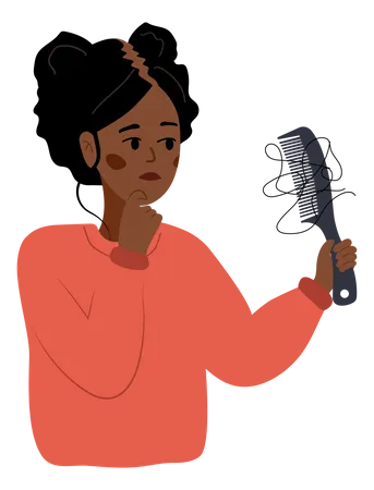 Alopecia Concept Sad African Woman Loses Her Hair Baldness Disease And Problems Of The Scalp Unhappy Female Character With Hair Brush Vector Illustration In Flat Cartoon Style Illustration
