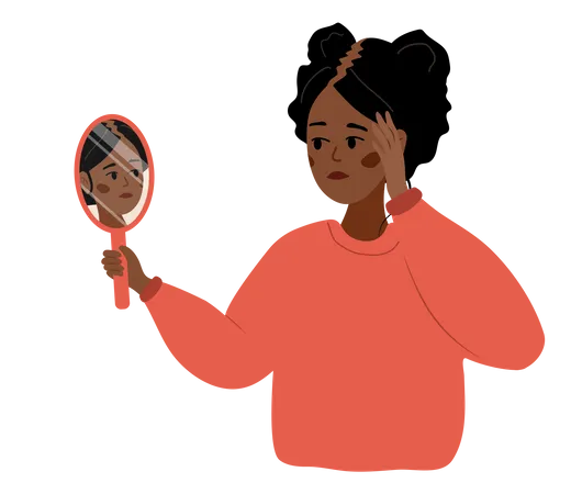 Baldness Concept Sad African Woman Loses Her Hair Alopecia Disease And Problems Of The Scalp Unhappy Female Character Looking In Mirror Vector Illustration In Flat Cartoon Style Illustration