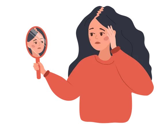 Baldness Concept Sad Woman Loses Her Hair Alopecia Disease And Problems Of The Scalp Unhappy Female Character Looking In Mirror Vector Illustration In Flat Cartoon Style Illustration