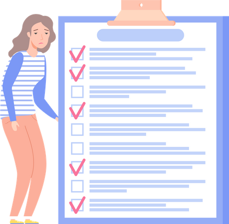 Sad woman near marked checklist on clipboard  Illustration