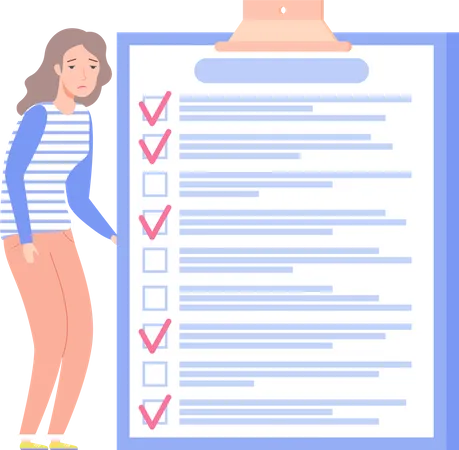 Sad Business Woman Near Marked Checklist On Clipboard Paper Completion Of Business Tasks Time Management Scheduling Planning Concept Disappointed Lady Works With To Do Plan Creates Schedule Illustration