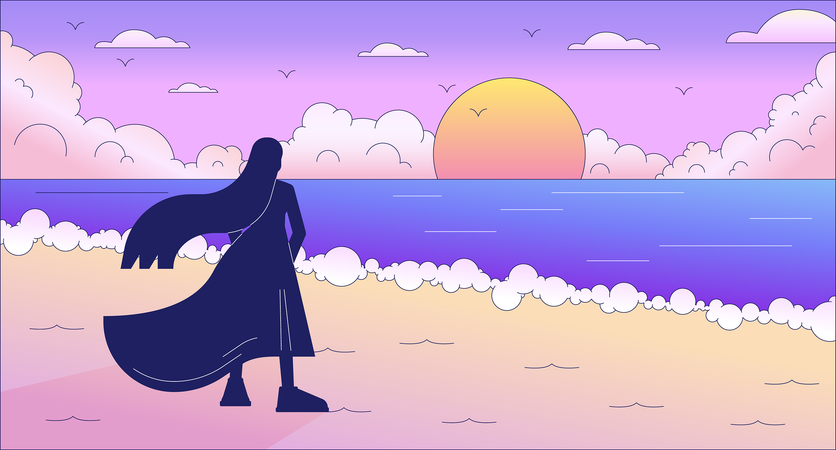 Sad woman on beach enjoying sunset lo fi chill wallpaper  Illustration