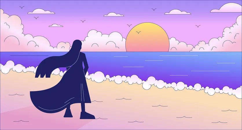 Sad woman on beach enjoying sunset lo fi chill wallpaper  Illustration