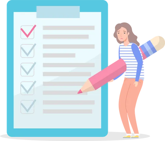Sad Woman With Giant Pencils Filling Checklist With Check Marks On Clipboard Paper Completion Of Business Tasks Time Management Scheduling Planning Concept Disappointed Lady Works With To Do Plan Illustration