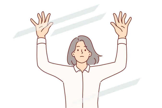 Sad Woman Raises Hands Standing Behind Transparent Glass Symbolizing Barrier To Success Frustrated Girl Meets Fictional Barrier On Way And Cannot Go Further Due To Lack Of Motivation Illustration