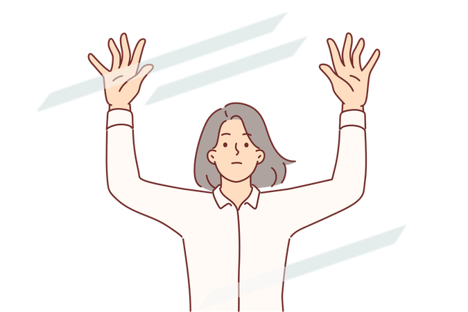 Sad woman raises hands standing behind transparent glass  Illustration