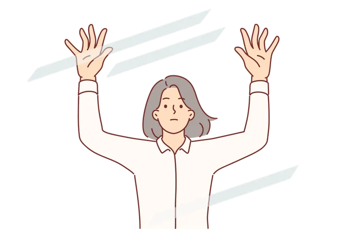 Sad woman raises hands standing behind transparent glass  Illustration