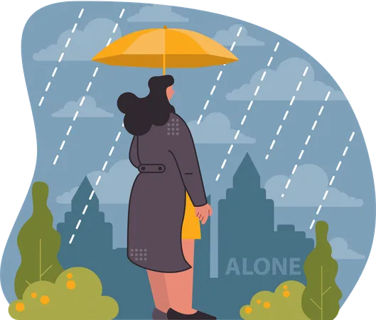 Sad woman sheltered by small umbrella in rain  Illustration