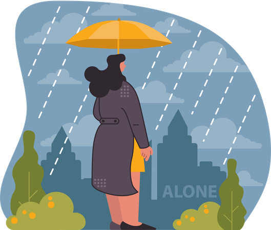 Sad woman sheltered by small umbrella in rain  Illustration