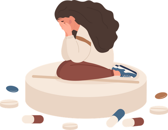 Sad woman sitting on big pill Illustration