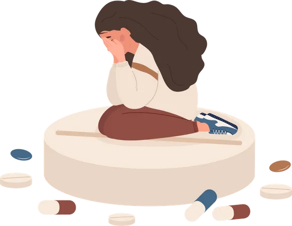 Sad woman sitting on big pill Illustration