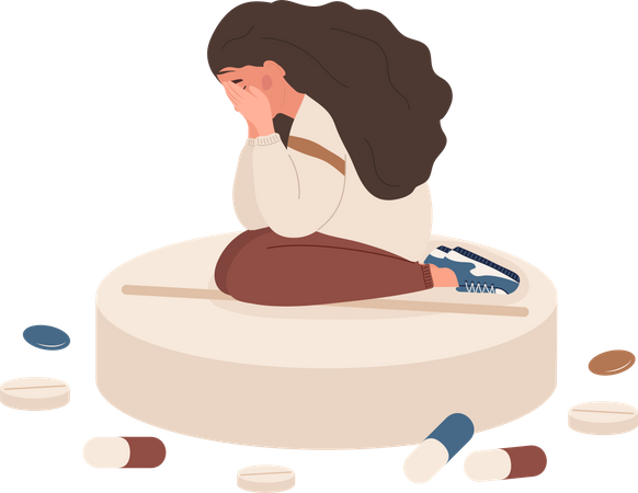 Sad woman sitting on big pill  Illustration