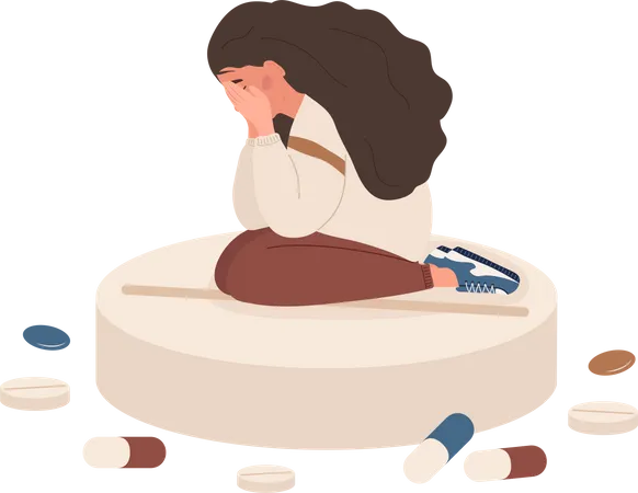 Sad woman sitting on big pill  Illustration