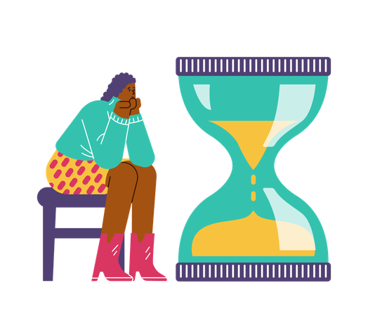Sad woman sitting on chair and looking at hourglass  Illustration