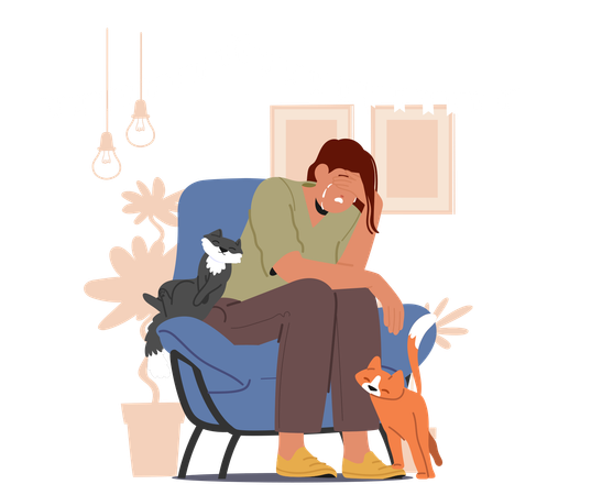 Sad Woman Sitting On Chair With Two Cats  Illustration