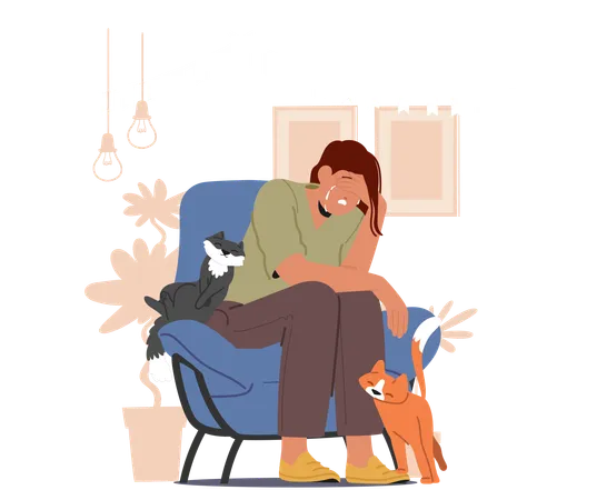 Sad Woman Sitting On Chair With Two Cats  Illustration