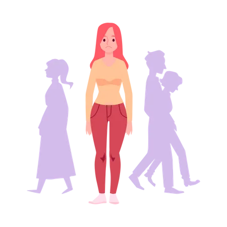 Sad woman standing alone in crowd of people Illustration