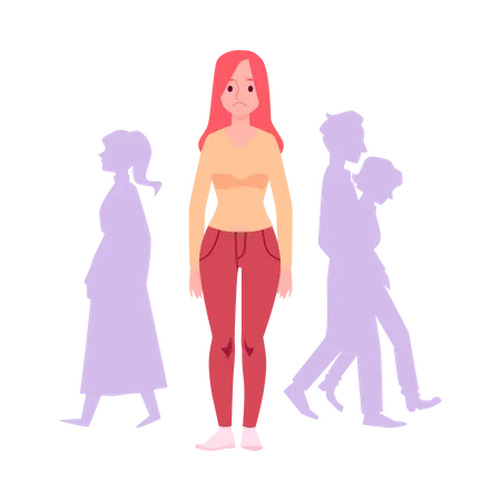 Sad woman standing alone in crowd of people  Illustration