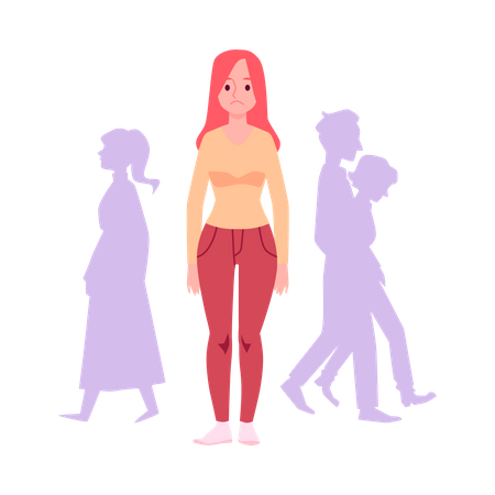 Sad woman standing alone in crowd of people  イラスト