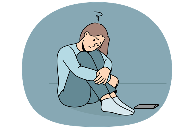 Sad woman waiting for phone call while sitting on floor and suffering from loneliness  Illustration