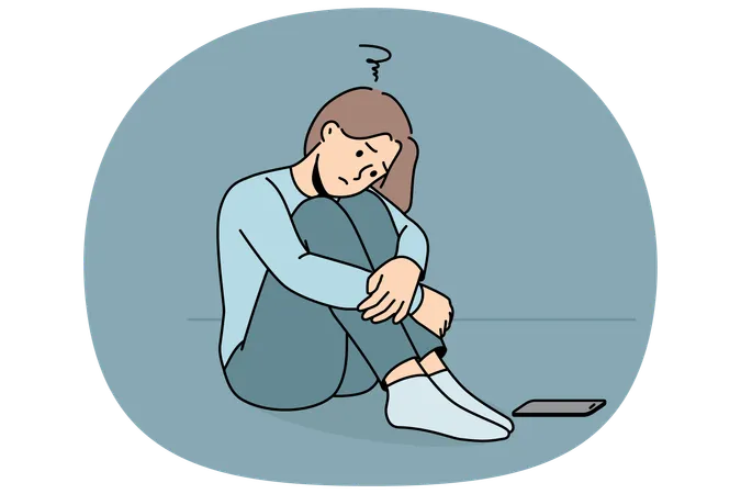 Sad woman waiting for phone call while sitting on floor and suffering from loneliness  Illustration