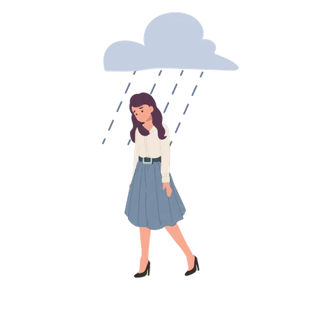 Sad woman walking under the rain Illustration