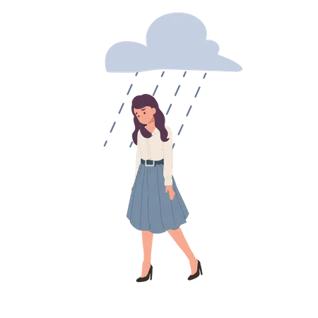 Sad woman walking under the rain  Illustration