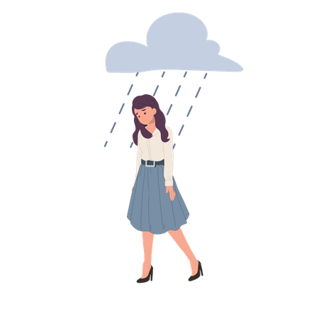 Sad woman walking under the rain  イラスト