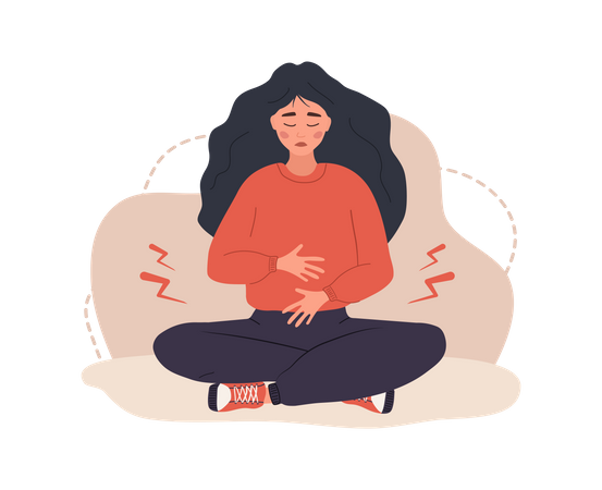 Sad woman with abdominal cramps  Illustration